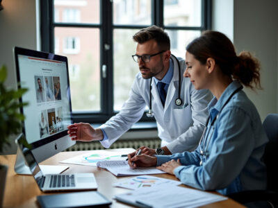 Doctor collaborating with a web designer, discussing website layout and design elements on a computer screen in a modern office setting.