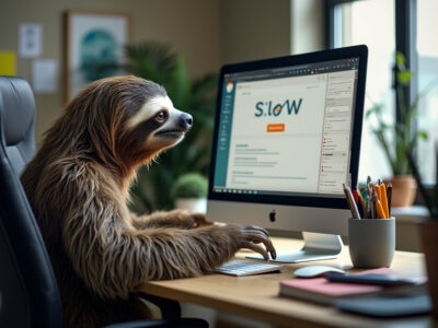 Sloth sitting in an office, looking at a computer screen with a slow-loading website.