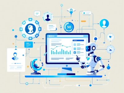 Futuristic digital illustration of AI technology enhancing SEO strategies for a plastic surgery practice, featuring a computer screen with analytics, a robot assisting with keyword research, and plastic surgery icons.