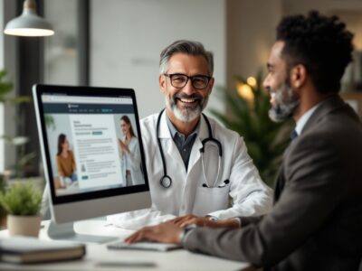 Doctor in a modern medical office using a computer to engage with patients through email marketing, surrounded by medical books and a stethoscope, with a friendly and professional atmosphere.