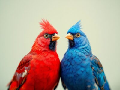 Two identical birds, one red and one blue, standing side by side in a natural setting, highlighting their similarity in form and distinct difference in color.
