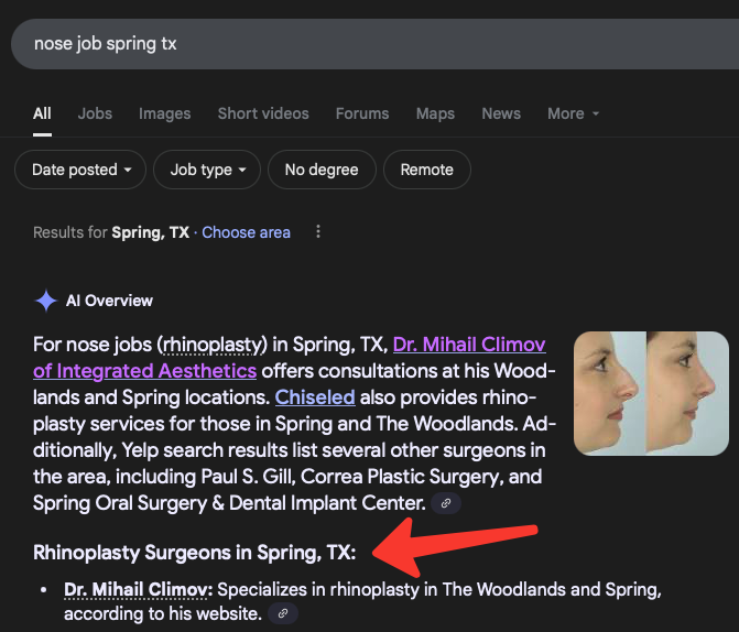 Dr. Climov top position for 'nose job spring tx'